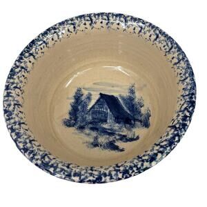 Storie Pottery Mixing Serving Bowl Blue Barn Cabin Marshall TX Stoneware 9.5 In